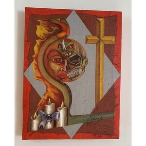 Original Art Painting Canvas 18x24" Religious Evil Cross Snake Goth Battle Skull